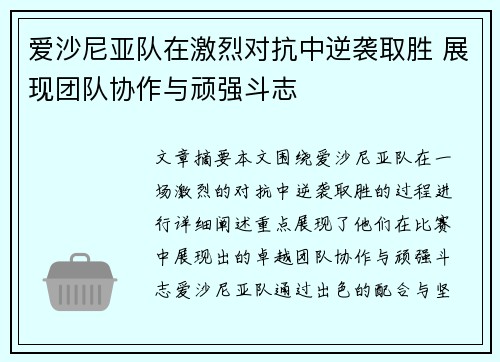 爱沙尼亚队在激烈对抗中逆袭取胜 展现团队协作与顽强斗志