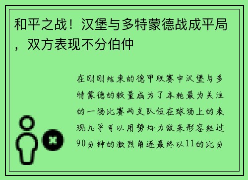 和平之战！汉堡与多特蒙德战成平局，双方表现不分伯仲