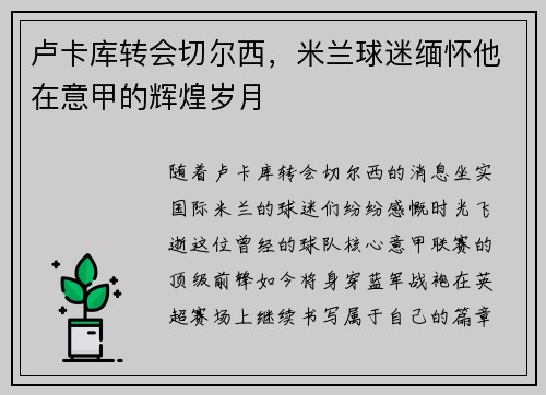 卢卡库转会切尔西，米兰球迷缅怀他在意甲的辉煌岁月