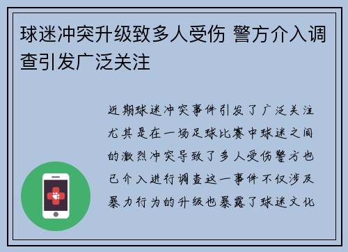 球迷冲突升级致多人受伤 警方介入调查引发广泛关注